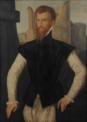 Retrato del Conde de Devon, tres cuartos de longitud, de pie frente a las ruinas